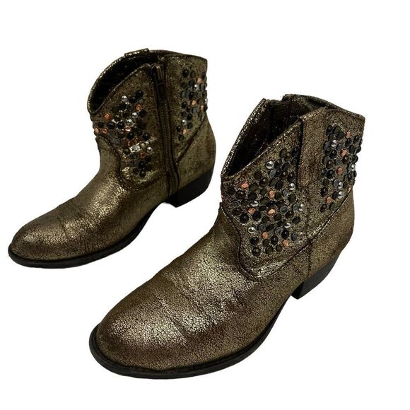FRYE Deborah Studded Gold Metallic Short Side Zip Up Heel Girls Ankle Boots 1 - Picture 4 of 4